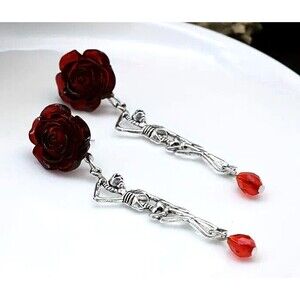 Dark Blood Rose Skeleton Design Dangle Earrings Elegant Goth Style
